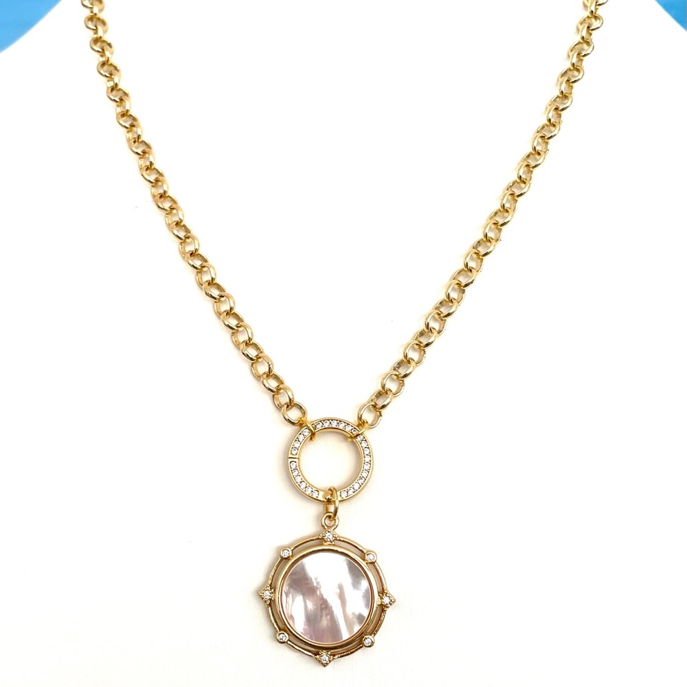 Gold Rolo Belcher Chain Pearl Coin Pendant Necklace Shell Medallion Charm Holder